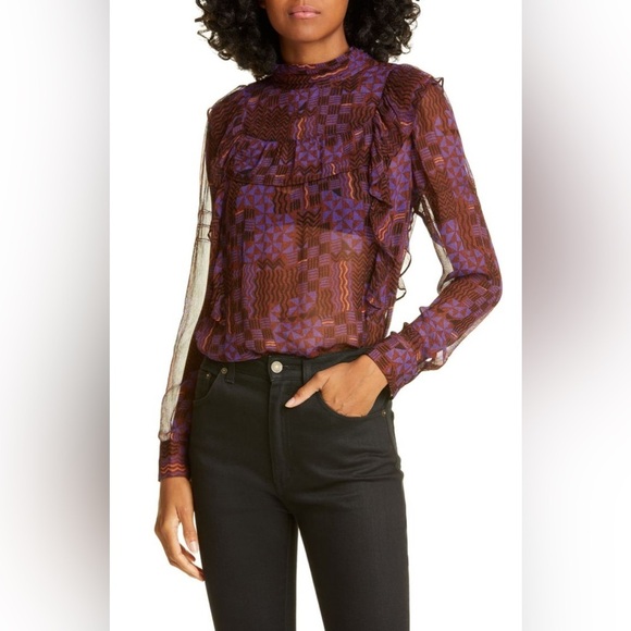 ba&sh / Mia Sheer Ruffled geometric purple silk Top M - Picture 2 of 10